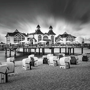 Pier and beach chairs on the beach of Sellin, Ruegen Island, Baltic Sea, Mecklenburg-Western Pomerania, Germany, Europe