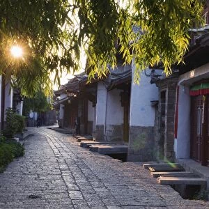 Sunrise on a cobbled streets in Lijiang Old Town, UNESCO World Heritage Site