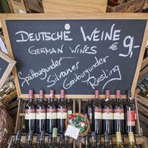 Germany, Bavaria, Munich, Victualienmarkt, Display of German Wines