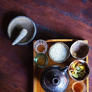 Indonesia, Bali. Ingredients for the preparation of Jamu juice - a tonic made from white