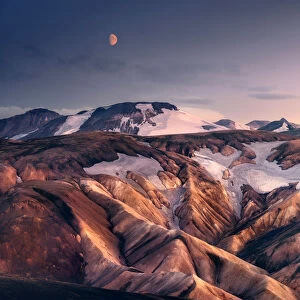 Rising moon over the Landmannalaugar hills, Highlands of Iceland