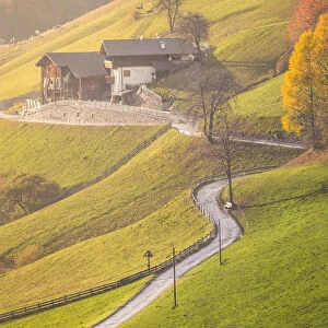 Two typical northern Italy houses surrounded by the colors of autumn in Funes Valley
