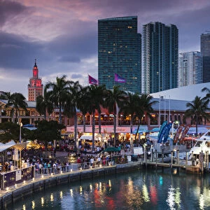 USA, Florida, Miami, city skyline with Bayside Mall and Fredom Tower