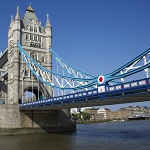 Bascule bridge on river in city, Tower Bridge, River Thames, London, England, april
