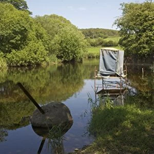Nature photography hide for kingfisher in river, River Urr, Dalbeattie, Dumfries and Galloway, Scotland, july