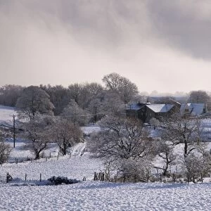View of farmland covered with snow, Fair Oak Farm, Whitewell, Clitheroe, Forest of Bowland, Lancashire, England