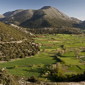 View of polje, inward-draining basin habitat, Askyfou Plateau, White Mountains, Crete, Greece, April
