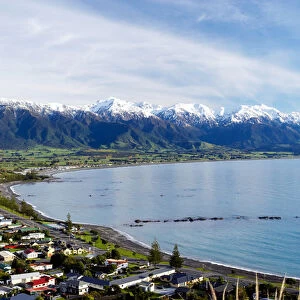 Kaikoura Township and Seaward Kaikoura Ranges, Marlborough, South Island, New Zealand