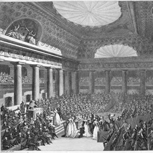 FRENCH REVOLUTION, 1789. Women artists presenting offerings to the National Assembly, 7 September 1789. French line engraving by Jean-Louis Prieur, 1817