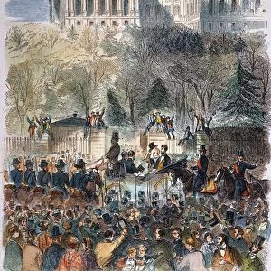 LINCOLN INAUGURATION. Abraham Lincoln arriving at the Capitol, in an open carriage with outgoing President James Buchanan, for his inauguration as 16th President of the United States on 4 March 1861. Color engraving, 1861