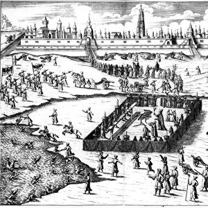 MOSCOW: MASS BAPTISM, c1700. Army maneuvers and a mass baptism in Moscow, Russia. Line engraving from Diarium Itineris in Moscovium, by Johann Georg Korb, c1700
