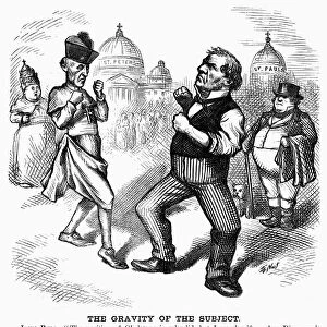 NAST: PAPAL INFALLIBILITY. American cartoon by Thomas Nast depicting John Bull (who references William Gladstone) sending a heavy from the Anglican Church to fight a Catholic bishop over the Vaticans recent pronouncement of papal infallibility. Wood engraving, 1874