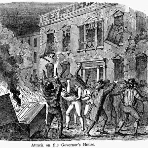 STAMP ACT RIOT, 1765. Sons of Liberty protesting the Stamp Act by attacking the house of Lieutenant Governor Thomas Hutchinson at Boston, Massachusetts, on 26 August 1765. Wood engraving, 19th century