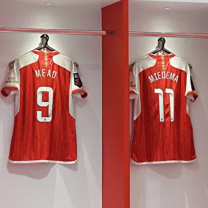 Arsenal FC vs Chelsea FC: Pre-Match Focus - Mead, Miedema, Waelti's Jerseys in Arsenal Dressing Room (Arsenal Women vs Chelsea Women, 2023-24)
