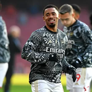 Gabriel Jesus's Focused Warm-Up: Arsenal's Star Forward Prepares for Arsenal vs. Wolverhampton Wanderers, 2023-24 Premier League
