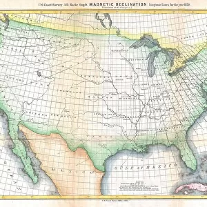 1870 U.S. Coast Survey Map Showing Magnetic Declination In The United States