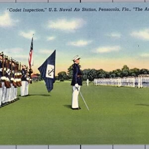 Cadet Inspection at US Naval Air Station. ca. 1941, Pensacola, Florida, USA, Cadet Inspection, U. S. Naval Air Station, Pensacola, Fla. The Annapolis of the Air