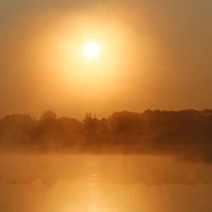 Sunrise, autumn fog over Big Rock Lake near Detroit Lakes, Minnesota, USA