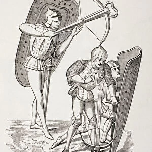 Two 15th century French crossbowmen, one firing his weapon, the other loading it with a windlass
