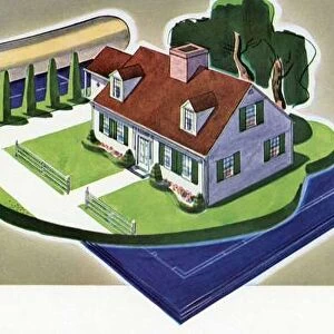 1940s Dream Home Set on an Unfurling Set of Blueprints, 1944 (screen print)
