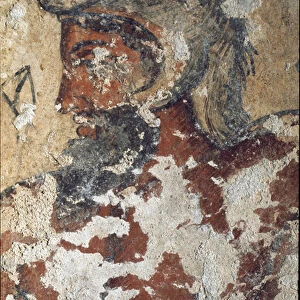 Aita (Eiza), etruscan god of Afterlife, wearing a wolf cap (detail of fresco, 4th BC)