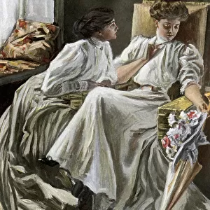 American daily life: two young women in conversation, sharing confidences, circa 1900. Colour engraving, based on an illustration by Alonzo Kimball, 19th century