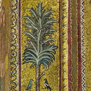 Apse: decoration frieze representing a palm tree and two birds (a magpie and a parrot), byzantine school mosaic with a golden background (mosaic)
