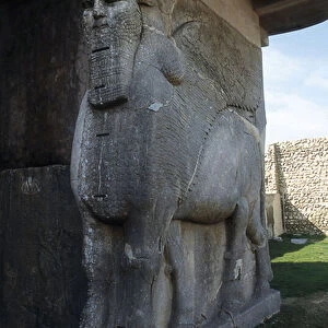 Assyrian art: a winged bull with a human figure, guardian of the entrance to the palace