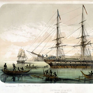 The Astrolabe and The Zelee arrive at Noukahiva, 19th century (colour litho)