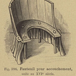 Birthing chair used in the 16th Century (engraving)
