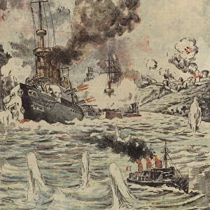 British and French warships bombarding Turkish positions in the Dardanelles, 1915 (colour litho)