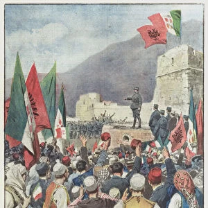 In the castle of Gjirokaster, Gen Ferrero proclaims Albania united and independent under the aegis of Italy (colour litho)