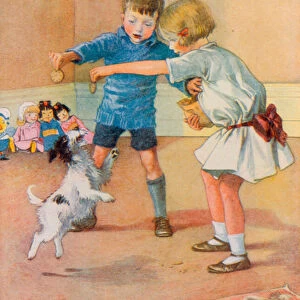 Two children teaching their pet dog to jump (colour litho)