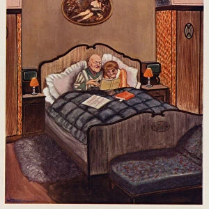 Couple looking at erotic books in bed (watercolour)