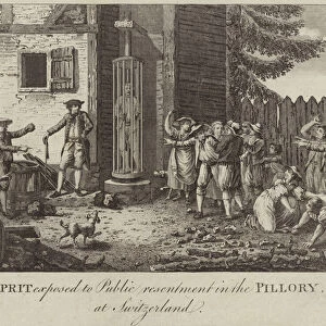 A culprit exposed to public resentment in the pillory at Switzerland (engraving)