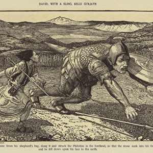 David, with a sling, kills Goliath (engraving)