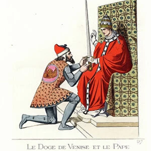 The Doge of Venice, Sebastian Ziani (died 1178) presents his sword to Pope Alexander III (Rolando Bandinelli, circa 1105-1181), as a sign of commitment to the fight against Emperor Frederic Barberousse (Frederic I de Hohenstaufen)