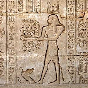 Egyptian antiquite: representation of a man bringing offerings to the goddess