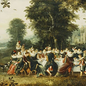Elegant Figures Seated at a Banquet Table in a Wooded Clearing, (oil on panel)