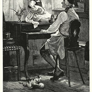 Emily delighted to sit on the Piano while Grandfather was playing it (engraving)