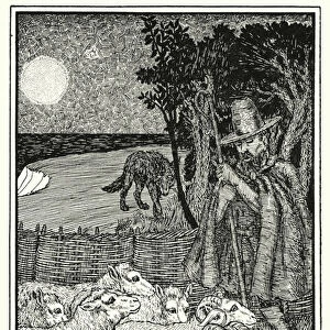 Fables of La Fontaine: The shepherd and his flock (litho)