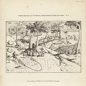 Facsimile of plate 2 of Jacob Cornelis van Neck's Voyage, 1601, showing Dutch sailors fishing on Mauritius, dodo bird (2) and extinct giant tortoise, Cylindras inepta (1)