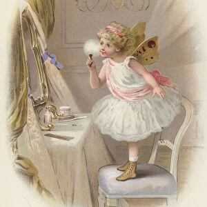 Girl or fairy applying face powder in the mirror (chromolitho)