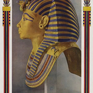 Gold portrait mask from the mummy of Tutankhamun, discovered in the Pharaohs tomb by Howard Carter in 1922 (colour litho)