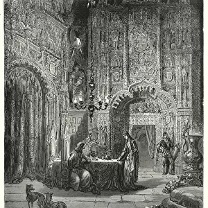 Gustave Dores Don Quixote: "Another damsel comes into the room, and begins to inform him what castle that is, and how she is enchanted in it"(engraving)