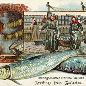 Herrings and packers at Gorleston, Norfolk (chromolitho)