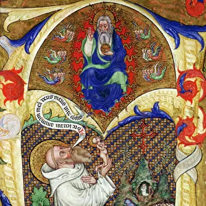 Historiated initial A depicting St. Benedict offering his soul to God