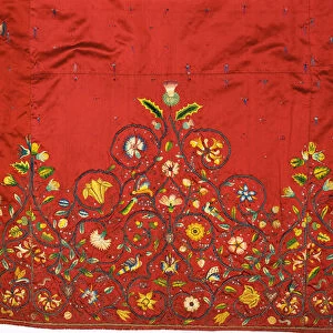 Detail of an important skirt or petticoat of crimson silk said to have been embroidered