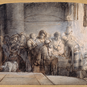 Judas receiving the thirty pieces of silver, c. 1640 (pen & ink over red chalk over wash