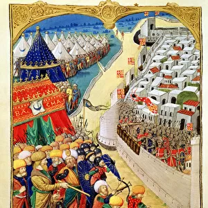 Lat 6067 f. 55v The Turkish forces preparing for battle outside the walls of Rhodes in